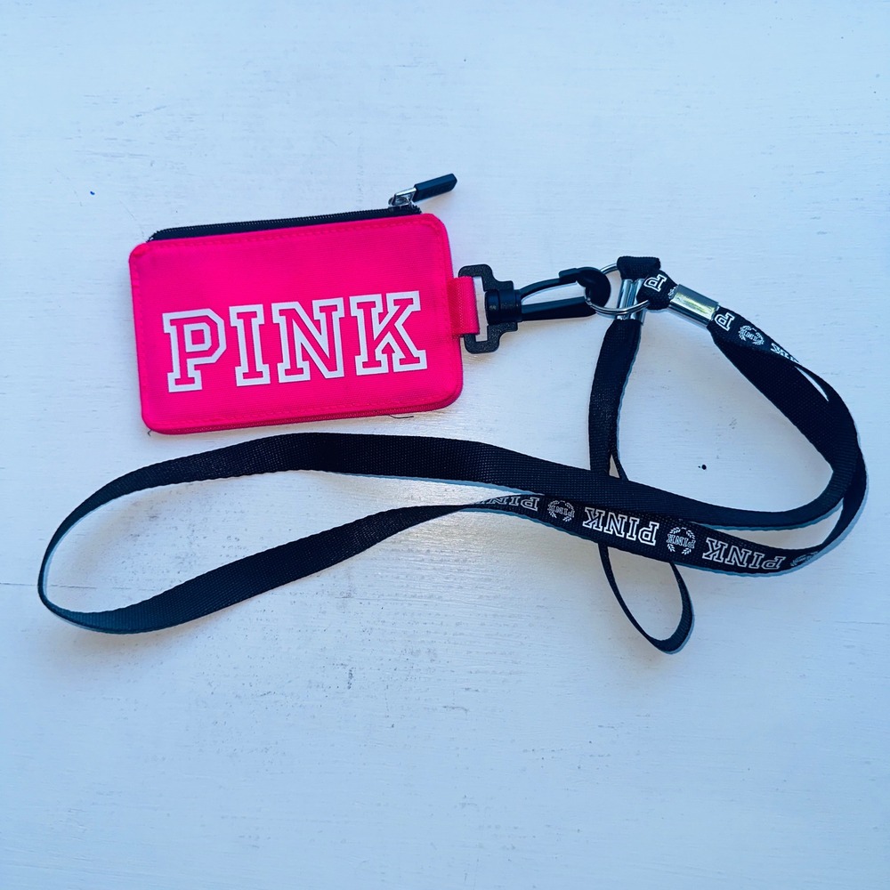 Pink Victoria's Secret Lanyard ID Case Wallet Neon Pink Gray Zipper Card Holder